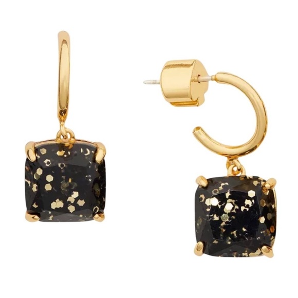 KATE SPADE • Gold Squared Away Black Glitter Huggies Hoop Earrings - Picture 3 of 5